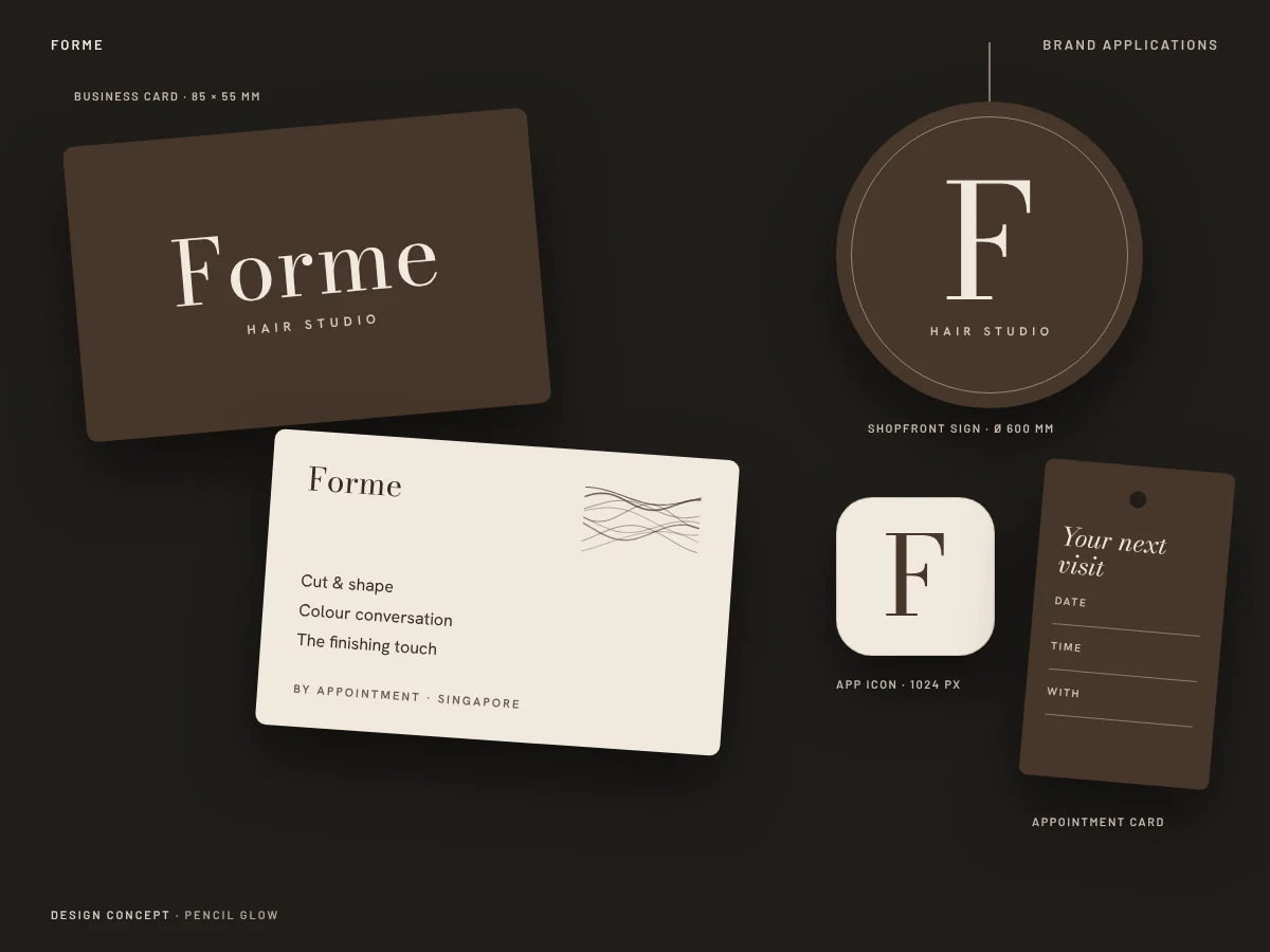 Forme design concept: business card, shopfront sign, app icon and appointment card