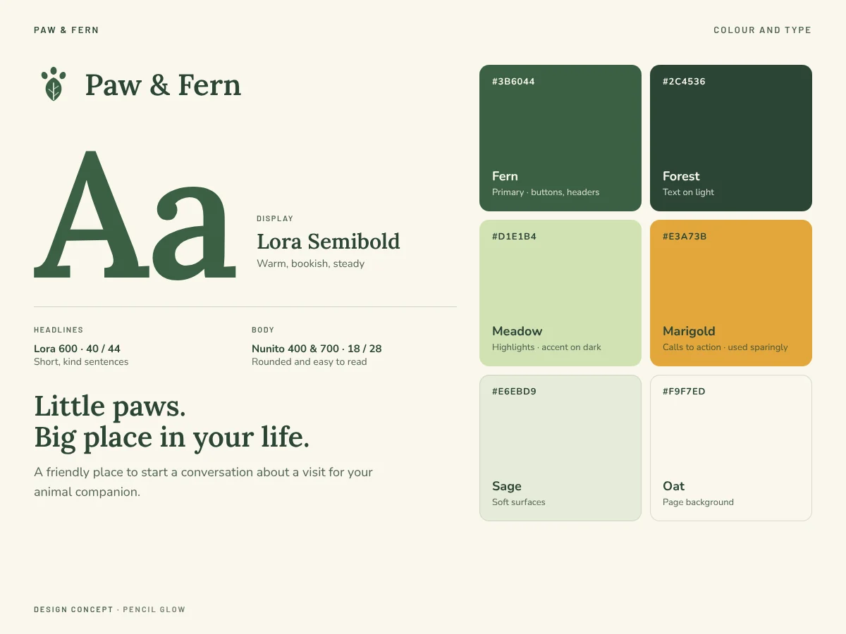 Paw & Fern design concept: type specimen and colour palette
