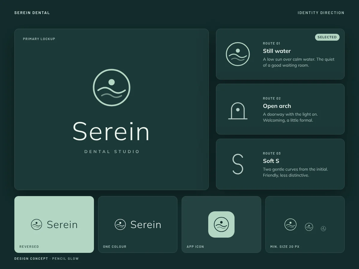Serein Dental design concept: logo routes, primary lockup and app icon