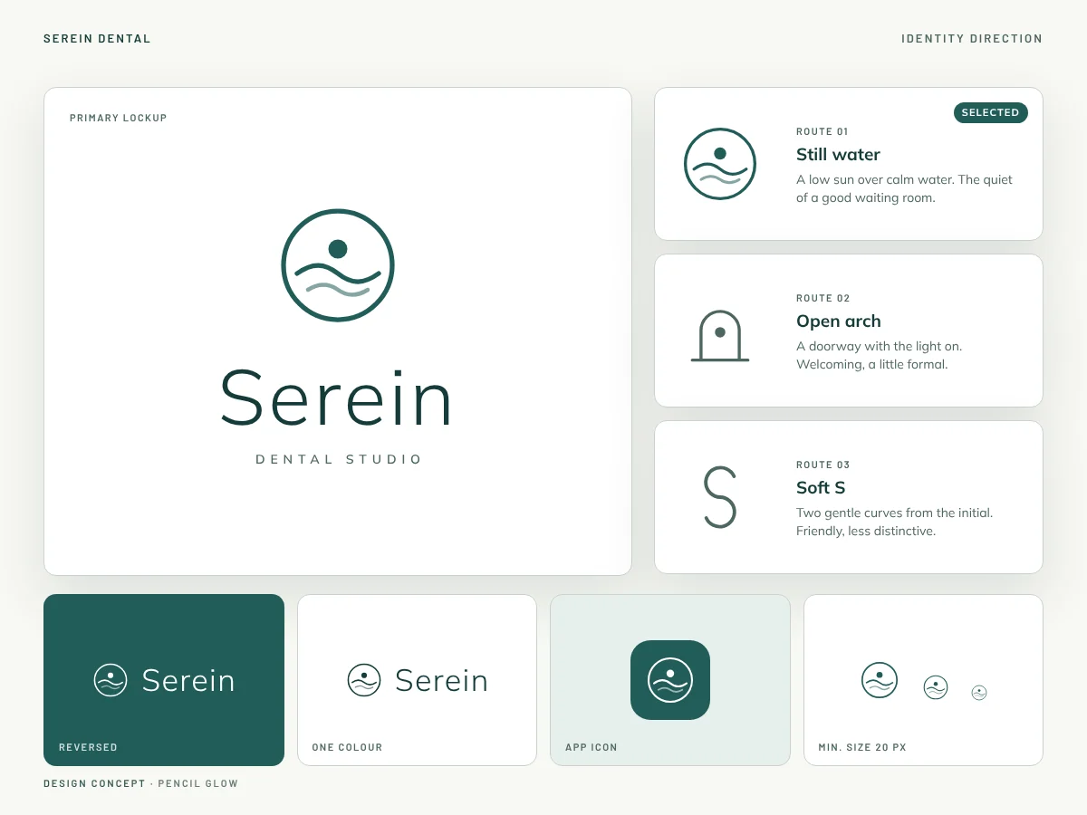 Serein Dental design concept: logo routes, primary lockup and app icon