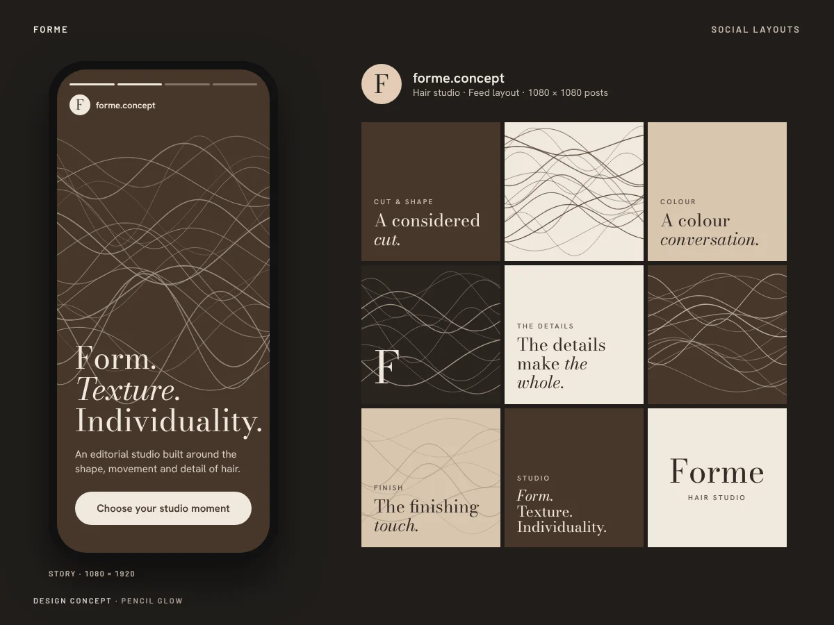 Forme design concept: Instagram story and feed grid layouts
