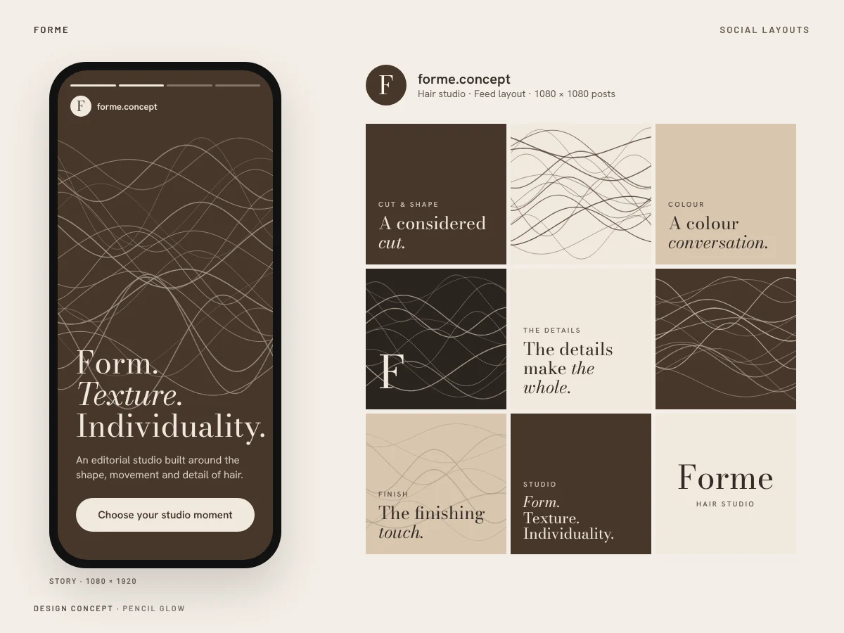 Forme design concept: Instagram story and feed grid layouts