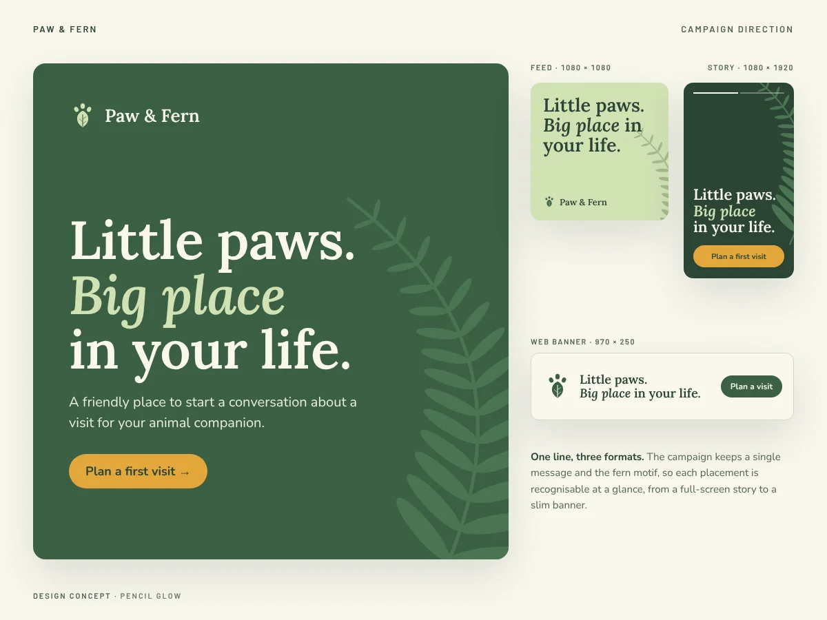 Paw & Fern design concept: campaign key visual with feed post, story and web banner